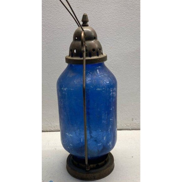 Vintage Blue Glass Courters Lantern With Metal Frame And Handle - Picture 2 of 5
